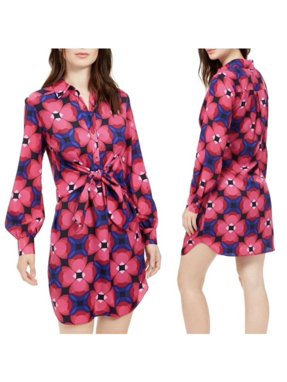 Trina Turk Shirt Dress Large NWT Retro Floral Pink Blue Button Front Tie Waist L